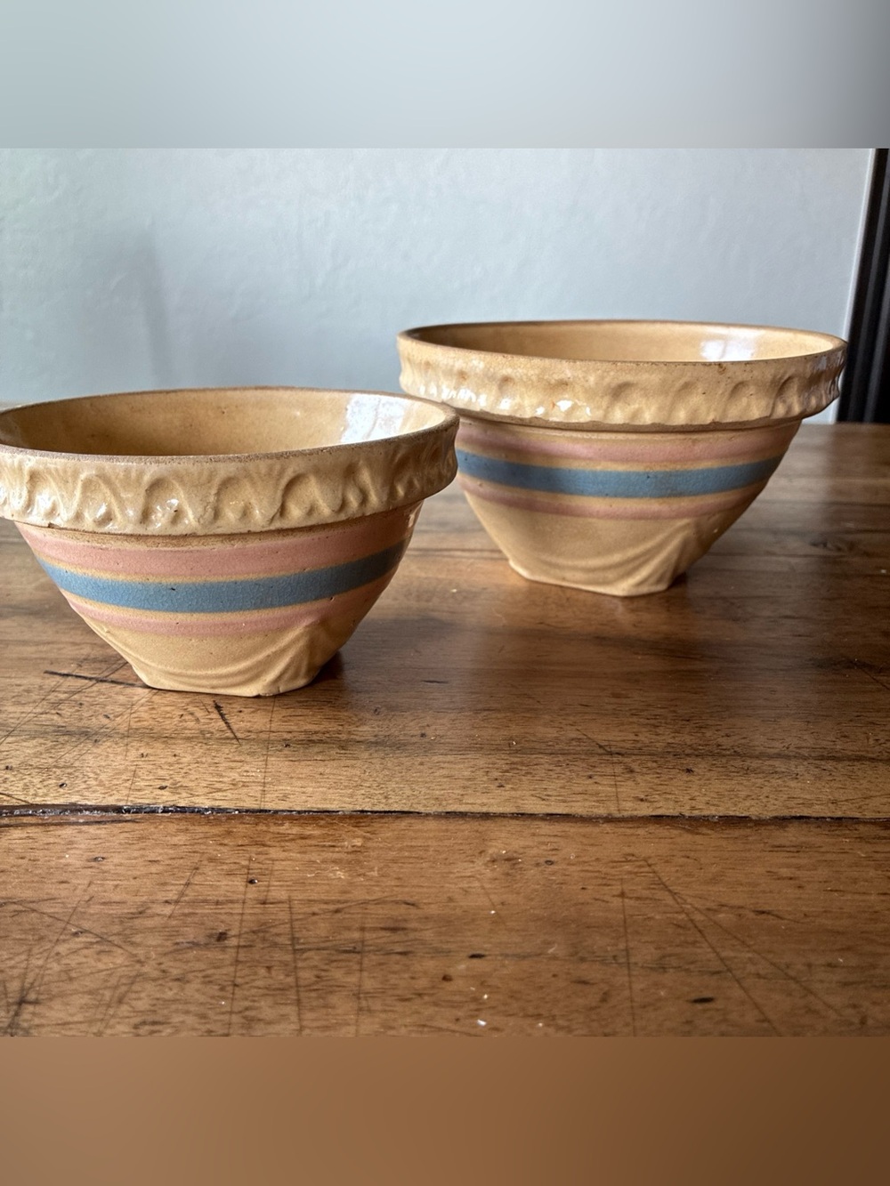 Lot of 2 Vintage McCoy yellow ware bowls with pink and blue stripe